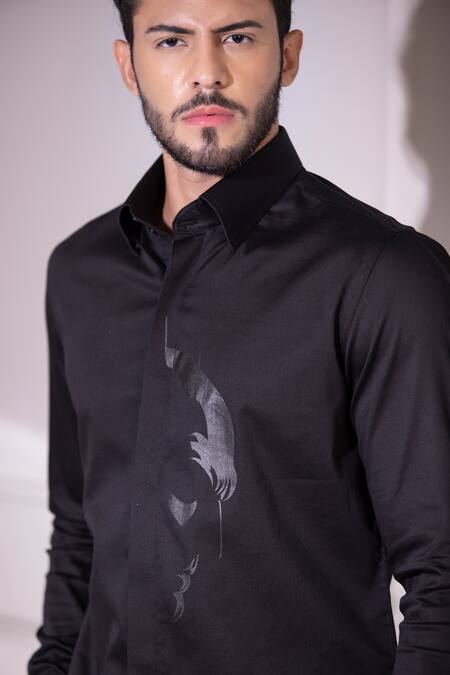 Amit Arora_Black Cotton, Lycra Embroidery Abstract Tonal Print Shirt_Online_at_Aza_Fashions