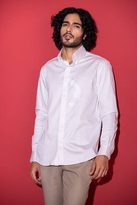 Amit Arora White Cotton, Lycra Tonal Print Shirt Online at Aza Fashions Amit Arora_White Cotton, Lycra Tonal Print Shirt_Online_at_Aza_Fashions