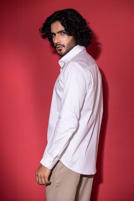 Shop Amit Arora White Cotton, Lycra Tonal Print Shirt at Aza Fashions Shop_Amit Arora_White Cotton, Lycra Tonal Print Shirt_at_Aza_Fashions