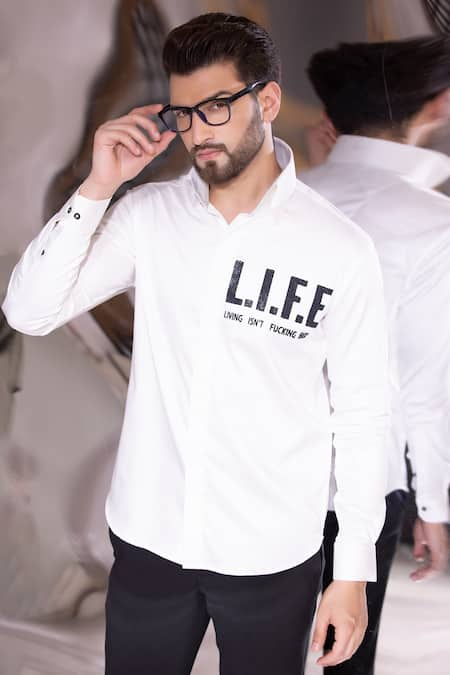 AMIT ARORA White Cotton Lycra Printed Slogan Shirt 