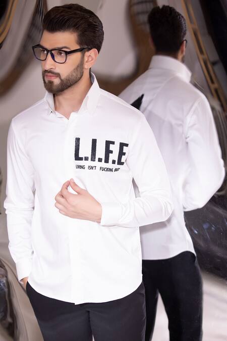 Amit Arora_White Cotton, Lycra Embroidery Slogan Print Shirt_Online_at_Aza_Fashions