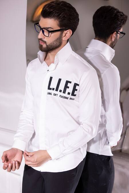 Buy_Amit Arora_White Cotton, Lycra Embroidery Slogan Print Shirt_Online_at_Aza_Fashions