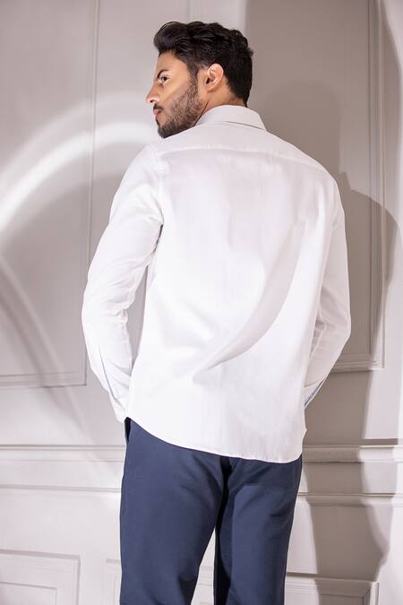 Shop Amit Arora White Cotton, Lycra Beads Slogan Embellished Shirt at Aza Fashions Shop_Amit Arora_White Cotton, Lycra Beads Slogan Embellished Shirt_at_Aza_Fashions