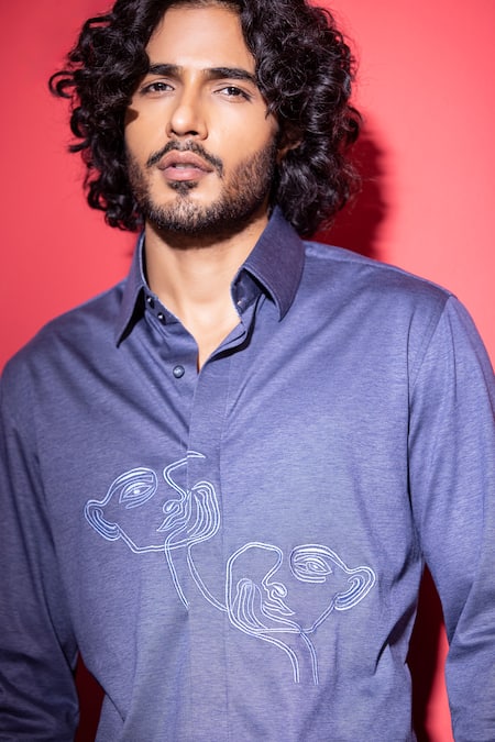 Amit Arora Blue Cotton Embroidery Abstract Threadwork Shirt Online at Aza Fashions Amit Arora_Blue Cotton Embroidery Abstract Threadwork Shirt_Online_at_Aza_Fashions