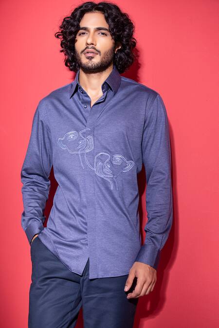 Shop Amit Arora Blue Cotton Embroidery Abstract Threadwork Shirt at Aza Fashions Shop_Amit Arora_Blue Cotton Embroidery Abstract Threadwork Shirt_at_Aza_Fashions