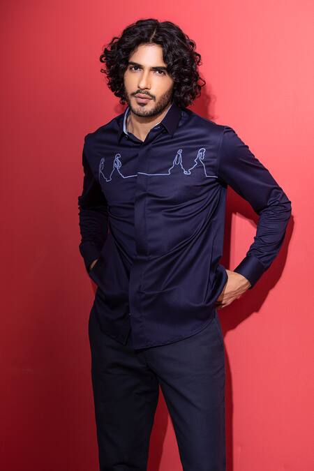 Buy_Amit Arora_Blue Cotton Embroidery Doodle Threadwork Shirt _Online_at_Aza_Fashions