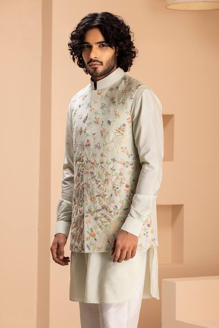 Shop_Amit Arora_Green Silk Embroidery Phool Bundi Kurta Set _Online_at_Aza_Fashions