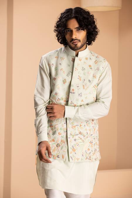 Amit Arora_Green Silk Embroidery Phool Bundi Kurta Set _at_Aza_Fashions