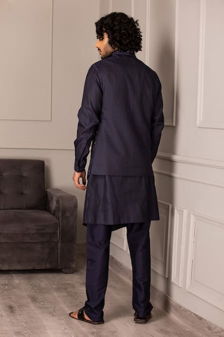 Shop_Amit Arora_Blue Silk Metallic Thread Rivet Embroidered Bundi Kurta Set _at_Aza_Fashions