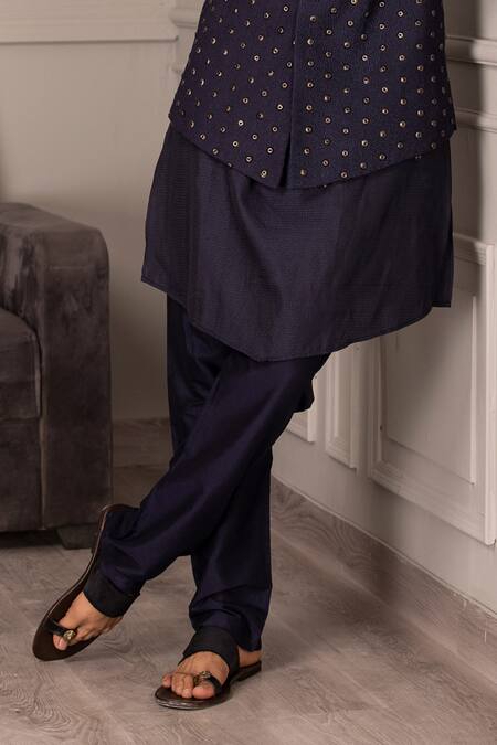 Amit Arora_Blue Silk Metallic Thread Rivet Embroidered Bundi Kurta Set _Online_at_Aza_Fashions