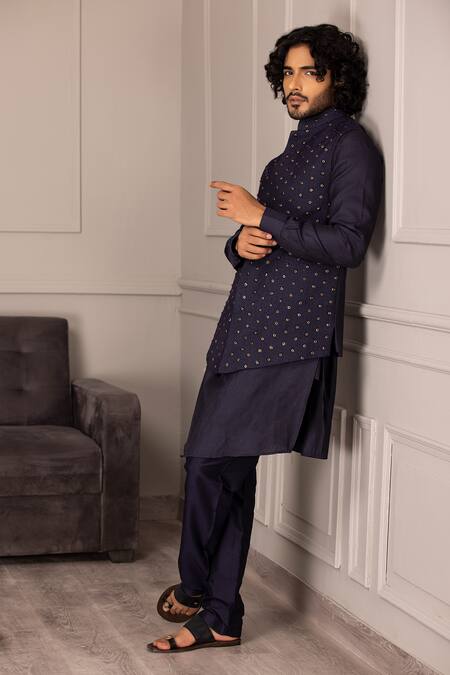 Buy_Amit Arora_Blue Silk Metallic Thread Rivet Embroidered Bundi Kurta Set _Online_at_Aza_Fashions