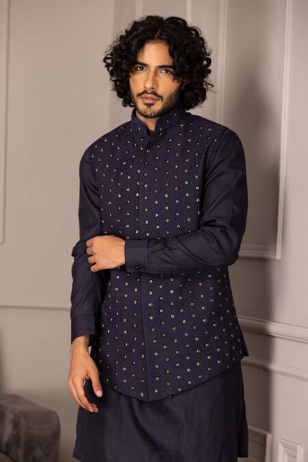 Shop_Amit Arora_Blue Silk Metallic Thread Rivet Embroidered Bundi Kurta Set _Online_at_Aza_Fashions