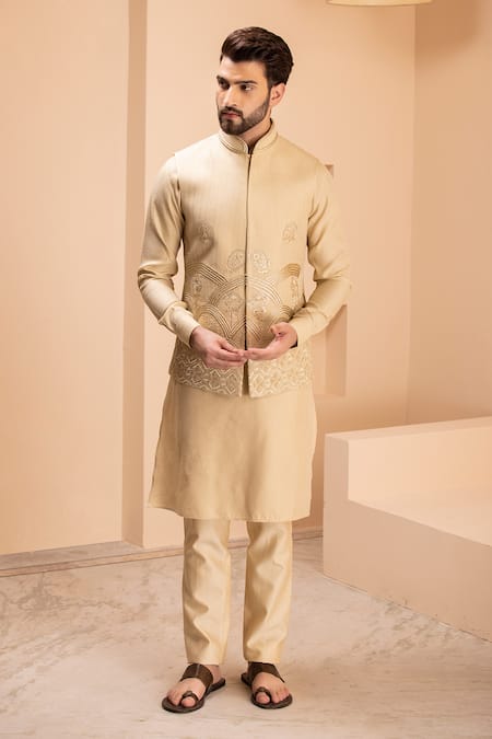 AMIT ARORA Gold Banarasi Silk Embroidery Bahar Bundi Kurta Set 