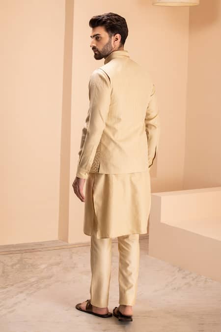 Shop_Amit Arora_Gold Cotton, Silk Embroidery Bahar Bundi Kurta Set _at_Aza_Fashions