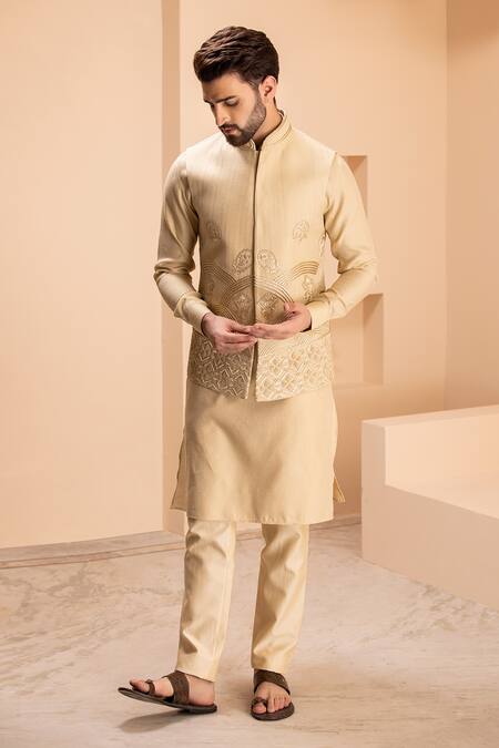 Buy_Amit Arora_Gold Cotton, Silk Embroidery Bahar Bundi Kurta Set _Online_at_Aza_Fashions