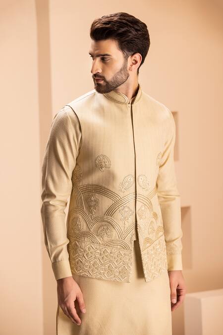 Shop_Amit Arora_Gold Cotton, Silk Embroidery Bahar Bundi Kurta Set _Online_at_Aza_Fashions