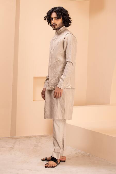 Buy_Amit Arora_Beige Silk, Cotton Embroidery Gul Bundi Kurta Set _Online_at_Aza_Fashions