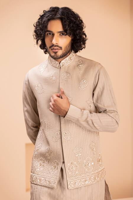 Shop_Amit Arora_Beige Silk, Cotton Embroidery Gul Bundi Kurta Set _Online_at_Aza_Fashions