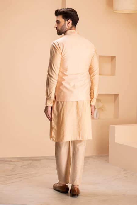 Shop_Amit Arora_Peach Silk Embroidery Shamiyana Bundi Kurta Set _at_Aza_Fashions