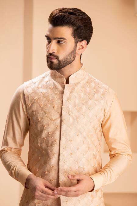 Shop_Amit Arora_Peach Silk Embroidery Shamiyana Bundi Kurta Set _Online_at_Aza_Fashions