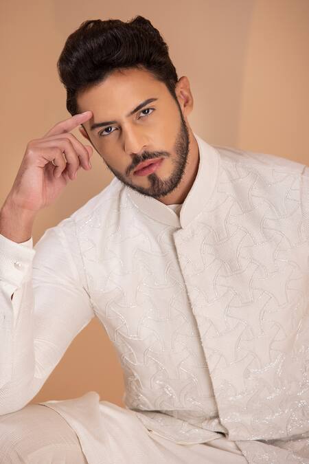 Buy_Amit Arora_Off White Silk Cut Work Mosaic Cutdana Embroidered Bundi Set _Online_at_Aza_Fashions