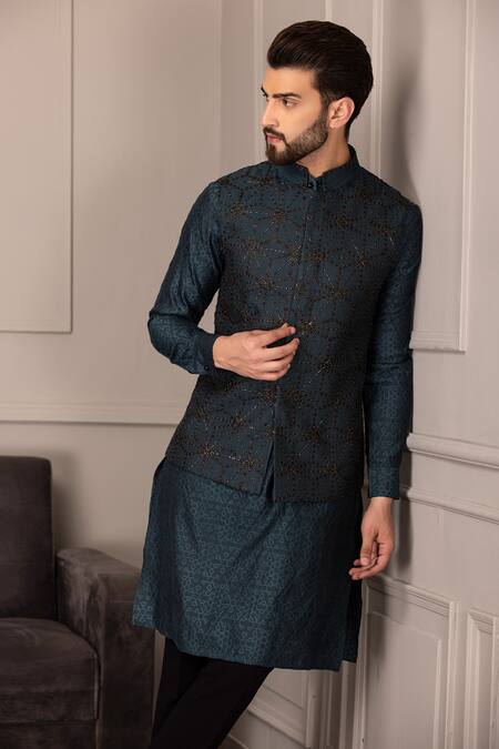 Buy Amit Arora Blue Silk, Brocade Metallic Thread, Embroidery Bloom Bundi Kurta Set Online at Aza Fashions Buy_Amit Arora_Blue Silk, Brocade Metallic Thread, Embroidery Bloom Bundi Kurta Set_Online_at_Aza_Fashions