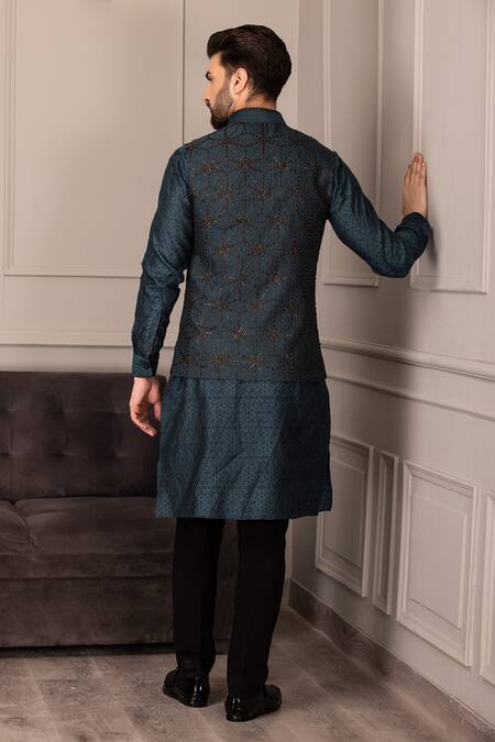 Shop Amit Arora Blue Silk, Brocade Metallic Thread, Embroidery Bloom Bundi Kurta Set at Aza Fashions Shop_Amit Arora_Blue Silk, Brocade Metallic Thread, Embroidery Bloom Bundi Kurta Set_at_Aza_Fashions