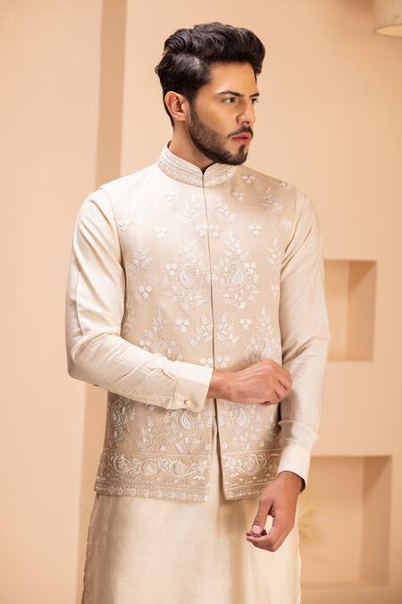 Buy Amit Arora Beige Cotton, Silk Embroidery Paisley Bloom Bundi Set Online at Aza Fashions Buy_Amit Arora_Beige Cotton, Silk Embroidery Paisley Bloom Bundi Set _Online_at_Aza_Fashions