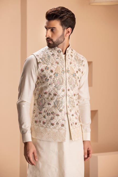 Buy_Amit Arora_Cream Silk, Brocade Embroidery Gullista Bundi Kurta Set _Online_at_Aza_Fashions