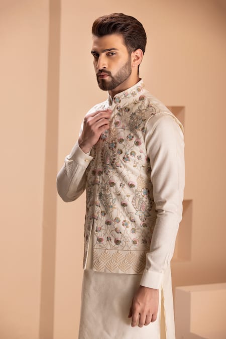 Shop_Amit Arora_Cream Silk, Brocade Embroidery Gullista Bundi Kurta Set _Online_at_Aza_Fashions