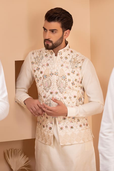 Buy_Amit Arora_Cream Silk, Brocade Embroidery Gullista Bundi Kurta Set 