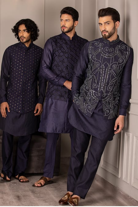 Amit Arora Blue Silk Embroidery Damask Bloom Bundi Kurta Set Online at Aza Fashions Amit Arora_Blue Silk Embroidery Damask Bloom Bundi Kurta Set _Online_at_Aza_Fashions
