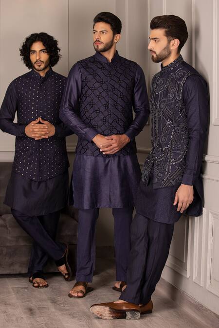 Buy Amit Arora Blue Silk Embroidery Damask Bloom Bundi Kurta Set Online at Aza Fashions Buy_Amit Arora_Blue Silk Embroidery Damask Bloom Bundi Kurta Set _Online_at_Aza_Fashions