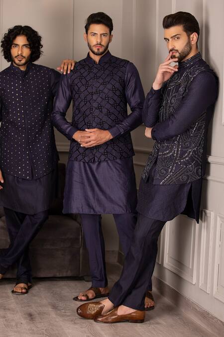 Shop Amit Arora Blue Silk Embroidery Damask Bloom Bundi Kurta Set Online at Aza Fashions Shop_Amit Arora_Blue Silk Embroidery Damask Bloom Bundi Kurta Set _Online_at_Aza_Fashions