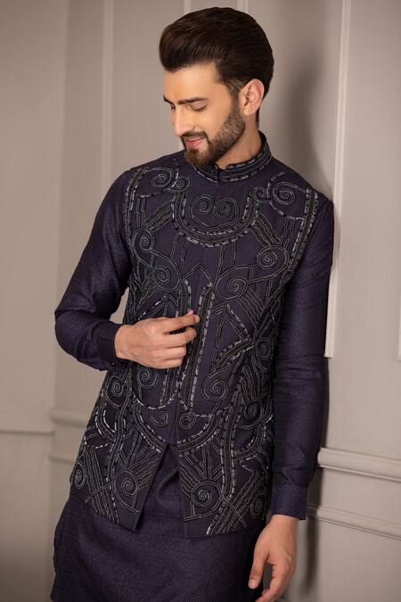 Buy Amit Arora Blue Silk Embroidery Damask Bloom Bundi Kurta Set Buy_Amit Arora_Blue Silk Embroidery Damask Bloom Bundi Kurta Set