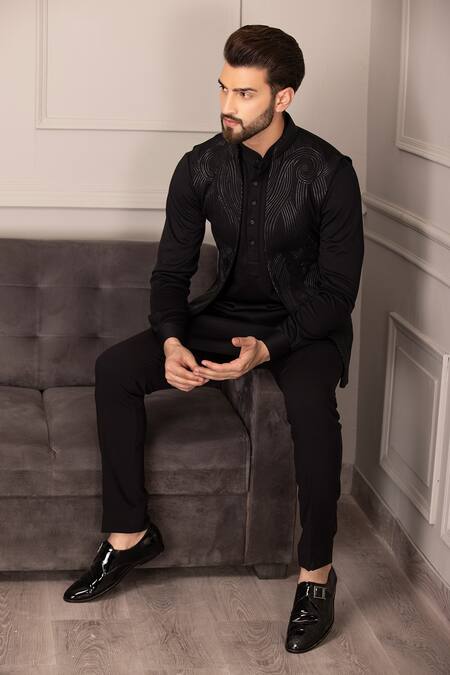 Amit Arora_Black Cotton, Kota Doria Embroidery Synodic Swerve Bundi Set _Online_at_Aza_Fashions