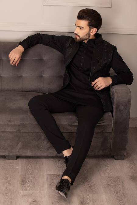 Buy_Amit Arora_Black Cotton, Kota Doria Embroidery Synodic Swerve Bundi Set _Online_at_Aza_Fashions