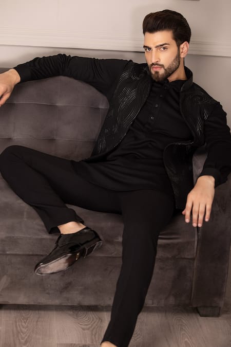 Shop_Amit Arora_Black Cotton, Kota Doria Embroidery Synodic Swerve Bundi Set _Online_at_Aza_Fashions