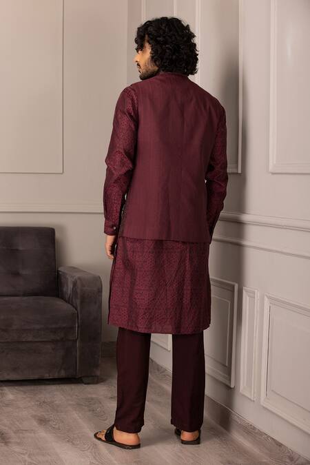 Shop Amit Arora Wine Silk Cut Work, Embroidery Flora Cutdana Jaal Bundi Set at Aza Fashions Shop_Amit Arora_Wine Silk Cut Work, Embroidery Flora Cutdana Jaal Bundi Set_at_Aza_Fashions