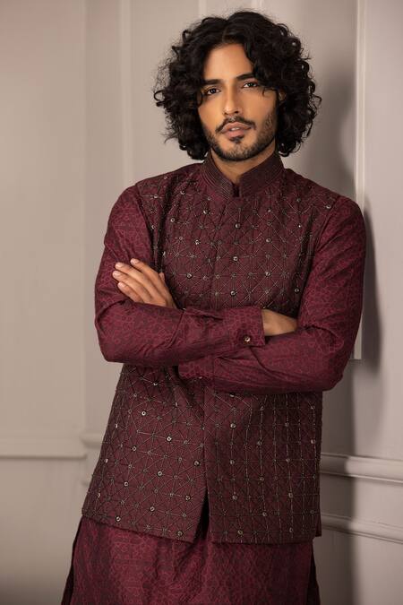 Buy Amit Arora Wine Silk Cut Work, Embroidery Flora Cutdana Jaal Bundi Set Online at Aza Fashions Buy_Amit Arora_Wine Silk Cut Work, Embroidery Flora Cutdana Jaal Bundi Set_Online_at_Aza_Fashions