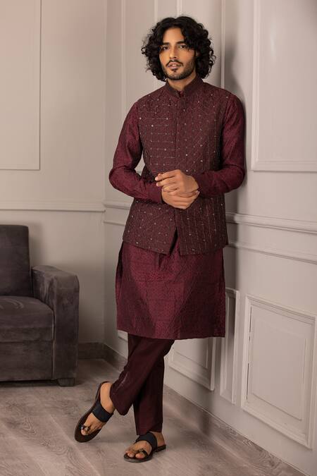 Shop Amit Arora Wine Silk Cut Work, Embroidery Flora Cutdana Jaal Bundi Set Online at Aza Fashions Shop_Amit Arora_Wine Silk Cut Work, Embroidery Flora Cutdana Jaal Bundi Set_Online_at_Aza_Fashions