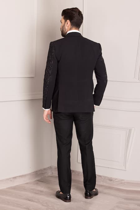 Shop Amit Arora Black Kota Doria Cut Work Brazen Cutdana Embellished Tuxedo With Trouser at Aza Fashions Shop_Amit Arora_Black Kota Doria Cut Work Brazen Cutdana Embellished Tuxedo With Trouser _at_Aza_Fashions