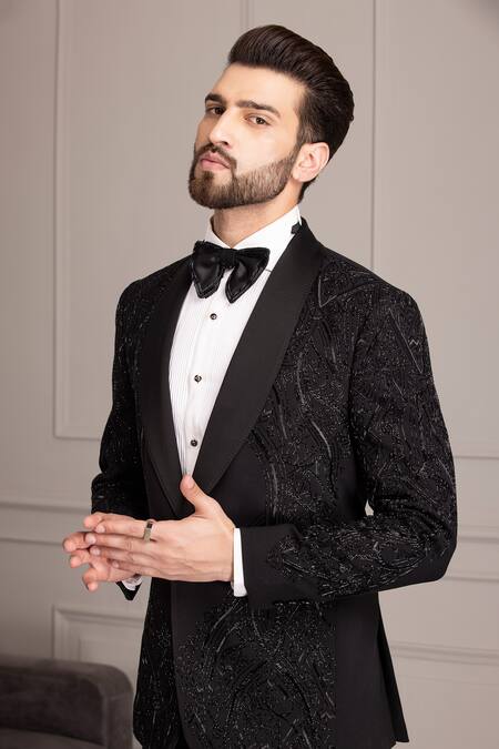 Amit Arora Black Kota Doria Cut Work Brazen Cutdana Embellished Tuxedo With Trouser Online at Aza Fashions Amit Arora_Black Kota Doria Cut Work Brazen Cutdana Embellished Tuxedo With Trouser _Online_at_Aza_Fashions