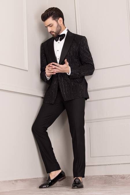 Shop Amit Arora Black Kota Doria Cut Work Brazen Cutdana Embellished Tuxedo With Trouser Online at Aza Fashions Shop_Amit Arora_Black Kota Doria Cut Work Brazen Cutdana Embellished Tuxedo With Trouser _Online_at_Aza_Fashions
