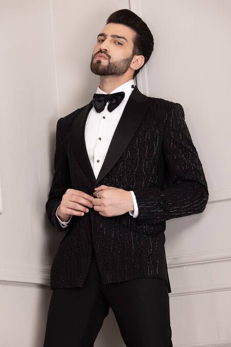 Amit Arora Black Kota Doria Cut Work Brazen Cutdana Embellished Tuxedo With Trouser at Aza Fashions Amit Arora_Black Kota Doria Cut Work Brazen Cutdana Embellished Tuxedo With Trouser _at_Aza_Fashions