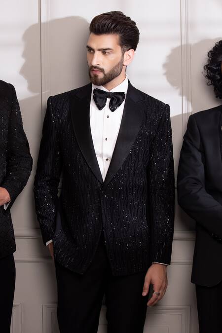 Shop Amit Arora Black Kota Doria Cut Work Brazen Cutdana Embellished Tuxedo With Trouser Shop_Amit Arora_Black Kota Doria Cut Work Brazen Cutdana Embellished Tuxedo With Trouser
