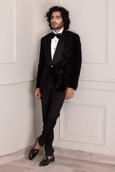 Amit Arora_Black Velvet, Polyester, Wool Cutdana Swerve Embellished Tuxedo With Trouser _Online_at_Aza_Fashions