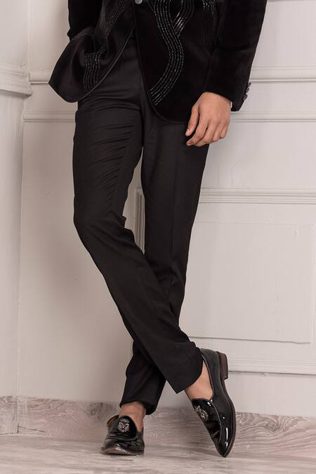 Buy_Amit Arora_Black Velvet, Polyester, Wool Cutdana Swerve Embellished Tuxedo With Trouser _Online_at_Aza_Fashions