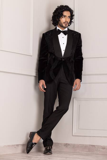 Shop_Amit Arora_Black Velvet, Polyester, Wool Cutdana Swerve Embellished Tuxedo With Trouser _Online_at_Aza_Fashions