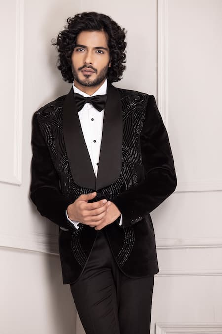 Amit Arora_Black Velvet, Polyester, Wool Cutdana Swerve Embellished Tuxedo With Trouser _at_Aza_Fashions